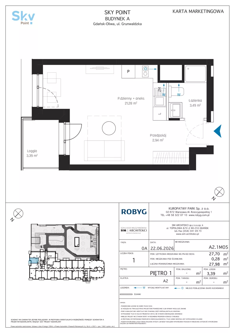 1 pokój, apartament inwestycyjny 27,70 m², piętro 1, oferta nr A2.1M05, Sky Point - Apartamenty Inwestycyjne, Gdańsk, Oliwa, Zaspa-Rozstaje, al. Grunwaldzka