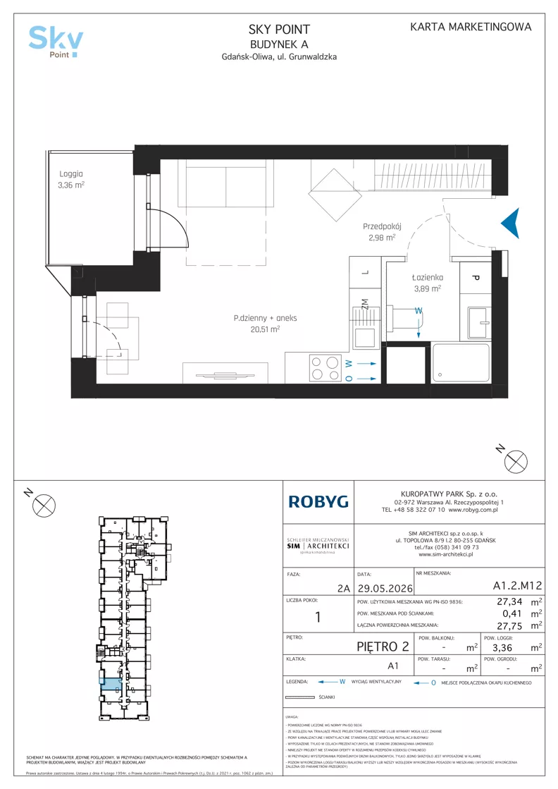 1 pokój, apartament inwestycyjny 27,34 m², piętro 2, oferta nr A1.2M12, Sky Point - Apartamenty Inwestycyjne, Gdańsk, Oliwa, Zaspa-Rozstaje, al. Grunwaldzka