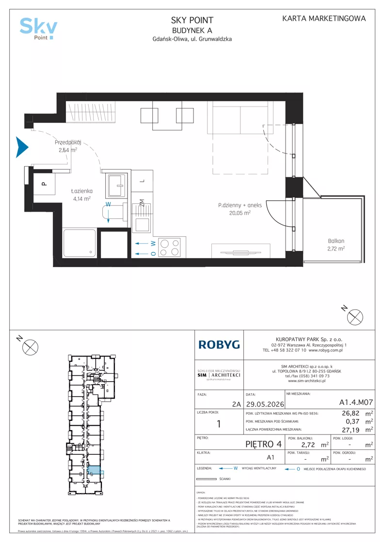 1 pokój, apartament inwestycyjny 26,82 m², piętro 4, oferta nr A1.4M07, Sky Point - Apartamenty Inwestycyjne, Gdańsk, Oliwa, Zaspa-Rozstaje, al. Grunwaldzka