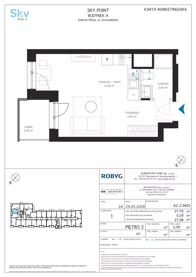 1 pokój, apartament inwestycyjny 27,70 m², piętro 2, oferta nr A2.2M05, Sky Point - Apartamenty Inwestycyjne, Gdańsk, Oliwa, Zaspa-Rozstaje, al. Grunwaldzka