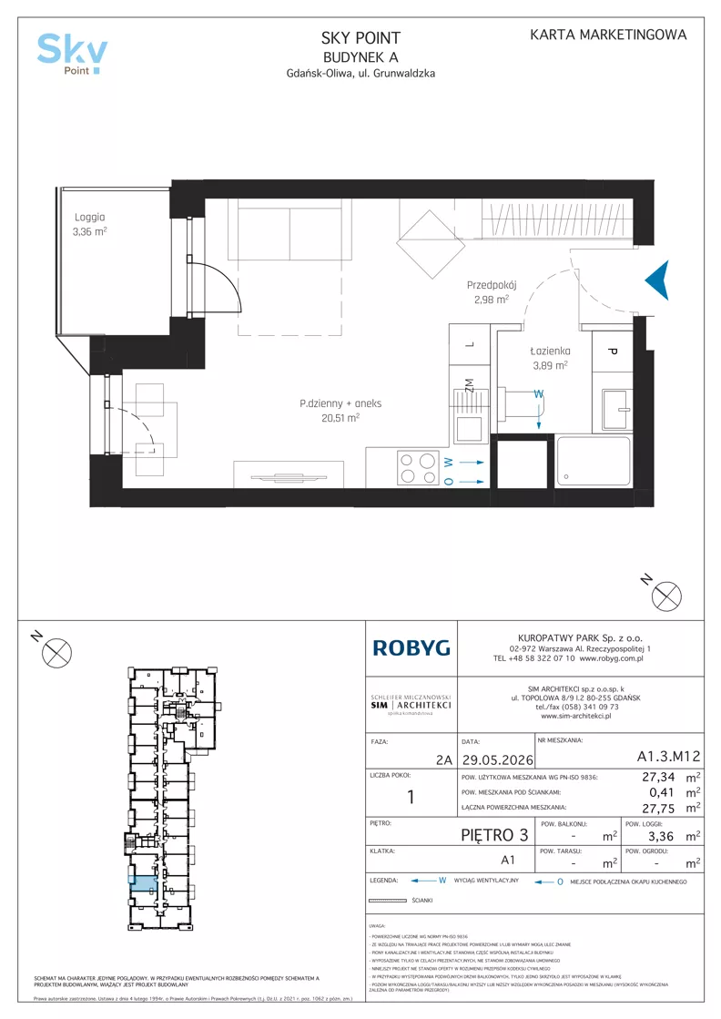 1 pokój, apartament inwestycyjny 27,34 m², piętro 3, oferta nr A1.3M12, Sky Point - Apartamenty Inwestycyjne, Gdańsk, Oliwa, Zaspa-Rozstaje, al. Grunwaldzka