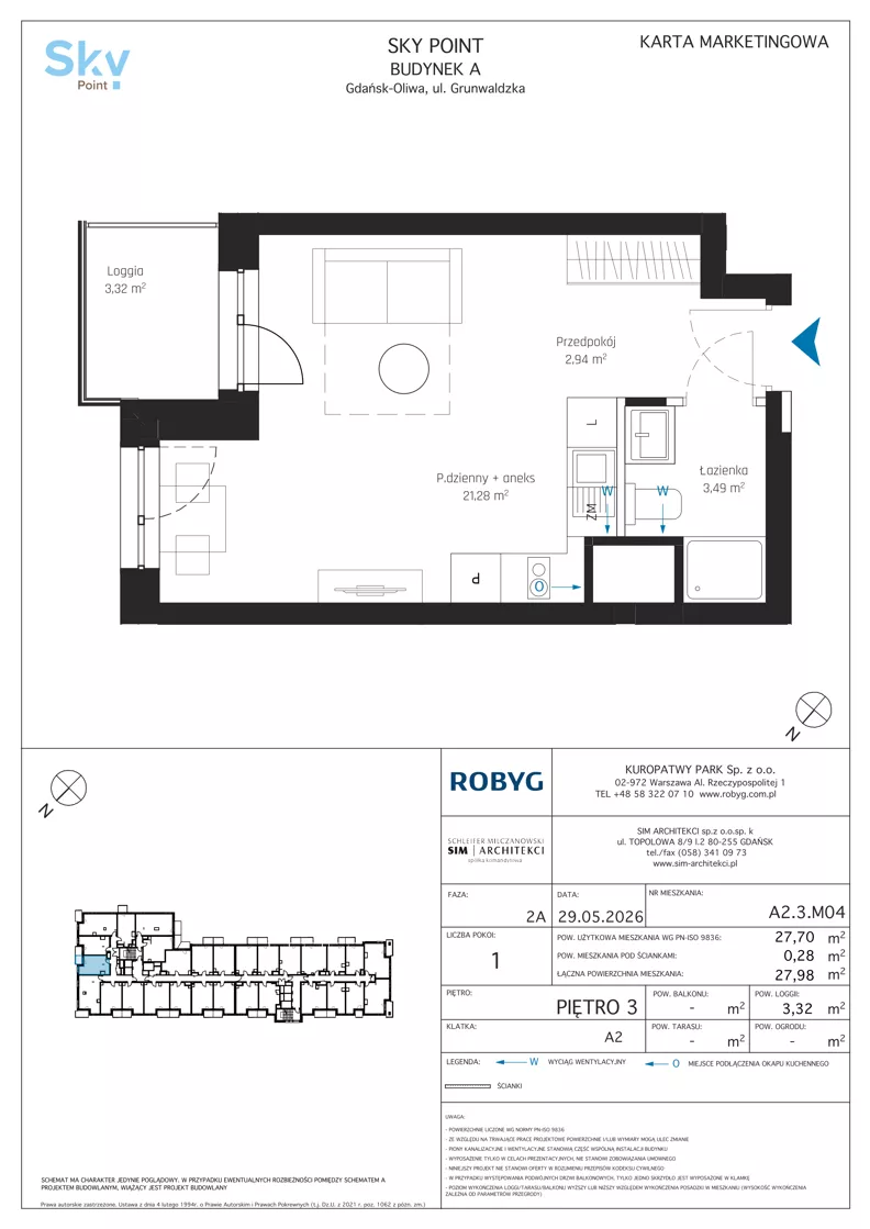 1 pokój, apartament inwestycyjny 27,70 m², piętro 3, oferta nr A2.3M04, Sky Point - Apartamenty Inwestycyjne, Gdańsk, Oliwa, Zaspa-Rozstaje, al. Grunwaldzka