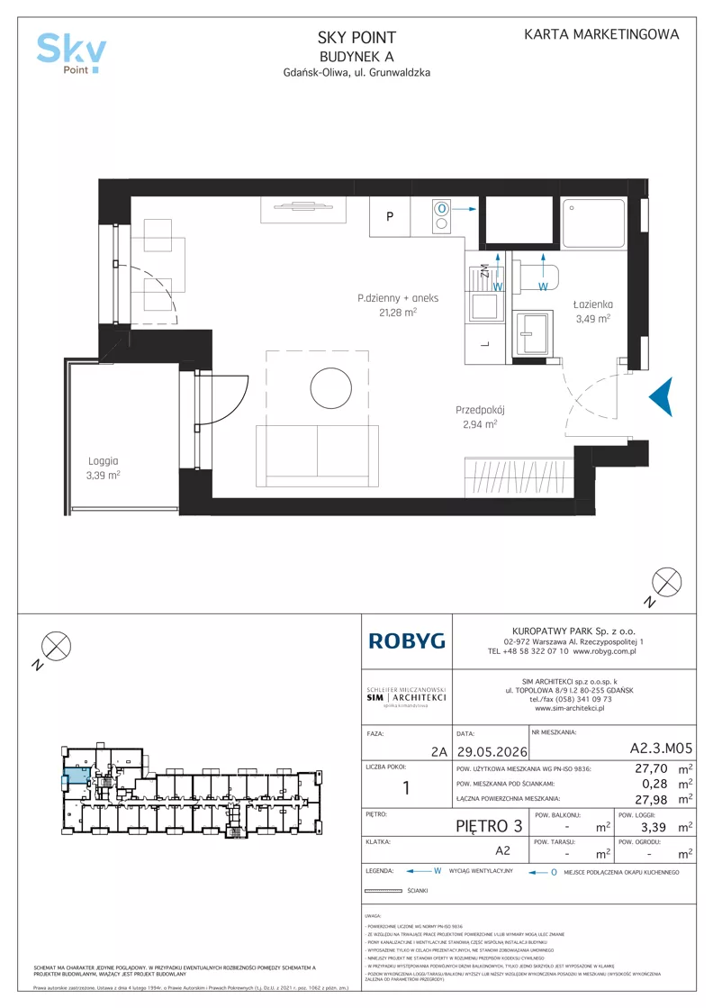 1 pokój, apartament inwestycyjny 27,70 m², piętro 3, oferta nr A2.3M05, Sky Point - Apartamenty Inwestycyjne, Gdańsk, Oliwa, Zaspa-Rozstaje, al. Grunwaldzka