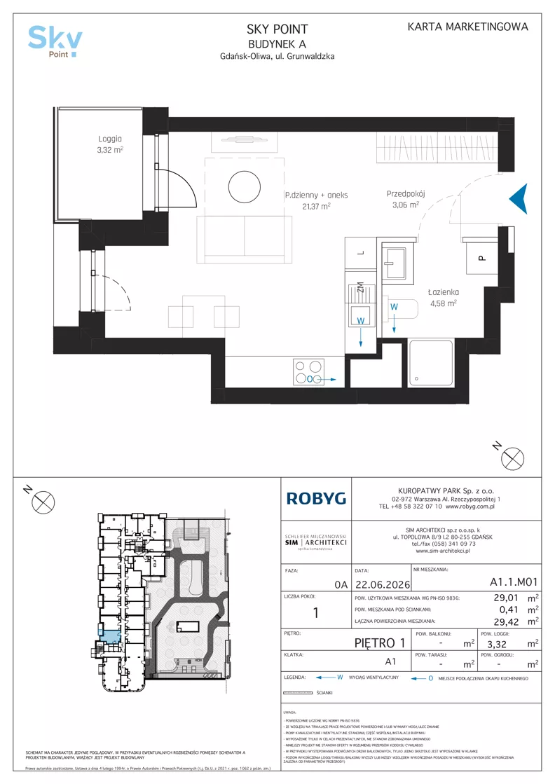 1 pokój, apartament inwestycyjny 29,01 m², piętro 1, oferta nr A1.1M01, Sky Point - Apartamenty Inwestycyjne, Gdańsk, Oliwa, Zaspa-Rozstaje, al. Grunwaldzka