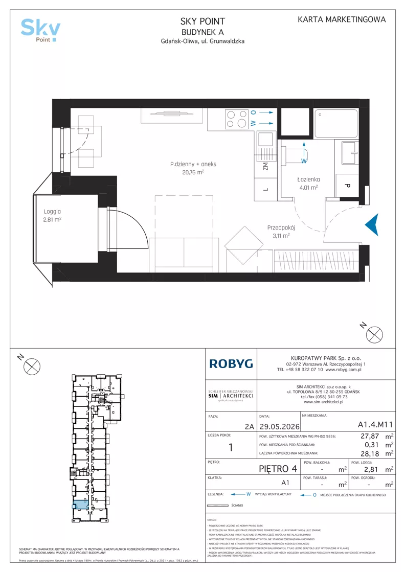 1 pokój, apartament inwestycyjny 27,87 m², piętro 4, oferta nr A1.4M11, Sky Point - Apartamenty Inwestycyjne, Gdańsk, Oliwa, Zaspa-Rozstaje, al. Grunwaldzka