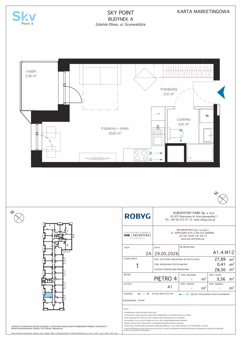 1 pokój, apartament inwestycyjny 27,89 m², piętro 4, oferta nr A1.4M12, Sky Point - Apartamenty Inwestycyjne, Gdańsk, Oliwa, Zaspa-Rozstaje, al. Grunwaldzka