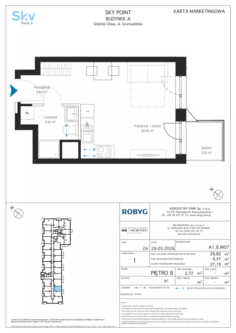 1 pokój, apartament inwestycyjny 26,82 m², piętro 8, oferta nr A1.8M07, Sky Point - Apartamenty Inwestycyjne, Gdańsk, Oliwa, Zaspa-Rozstaje, al. Grunwaldzka