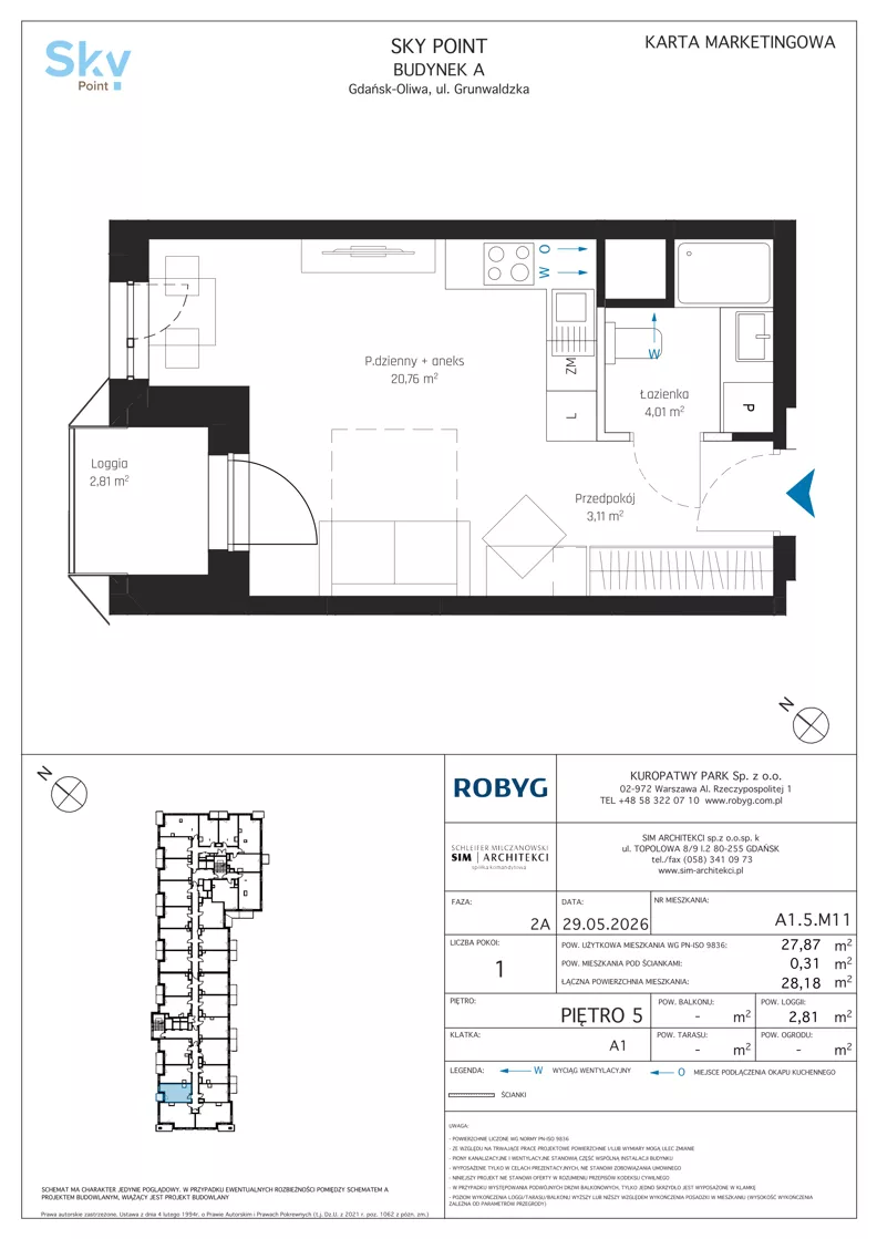 1 pokój, apartament inwestycyjny 27,87 m², piętro 5, oferta nr A1.5M11, Sky Point - Apartamenty Inwestycyjne, Gdańsk, Oliwa, Zaspa-Rozstaje, al. Grunwaldzka