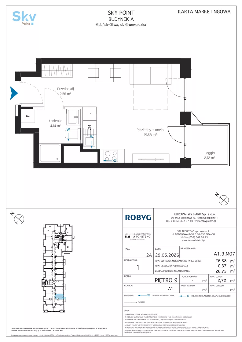 1 pokój, apartament inwestycyjny 26,38 m², piętro 9, oferta nr A1.9M07, Sky Point - Apartamenty Inwestycyjne, Gdańsk, Oliwa, Zaspa-Rozstaje, al. Grunwaldzka