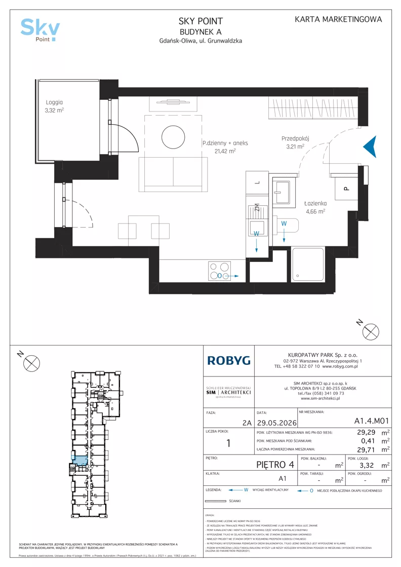 1 pokój, apartament inwestycyjny 29,29 m², piętro 4, oferta nr A1.4M01, Sky Point - Apartamenty Inwestycyjne, Gdańsk, Oliwa, Zaspa-Rozstaje, al. Grunwaldzka