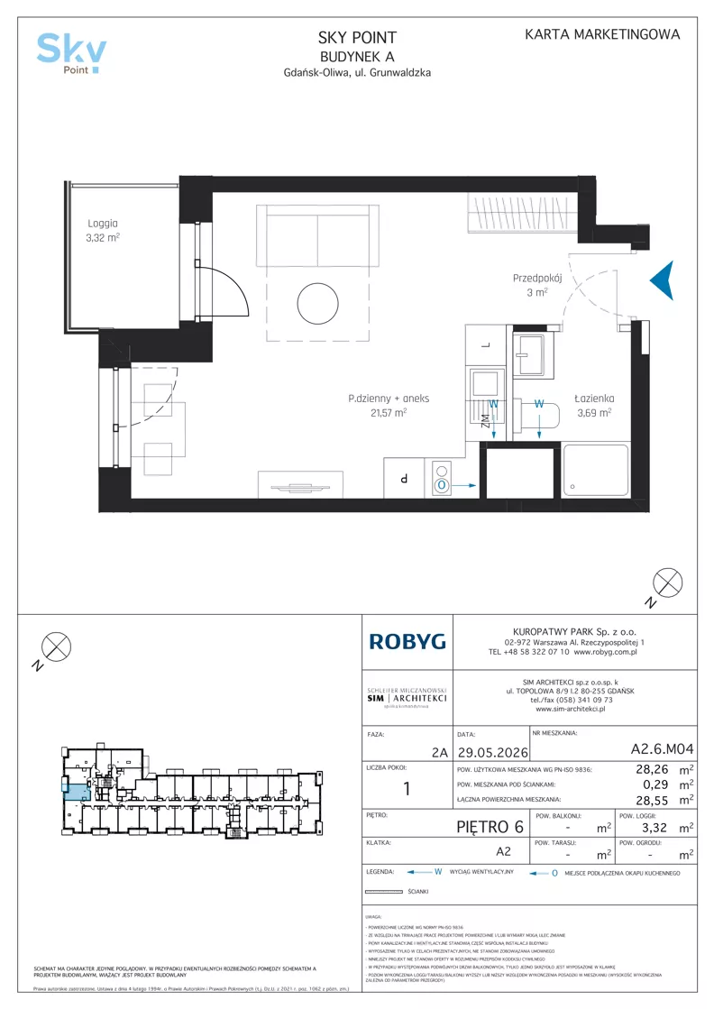 1 pokój, apartament inwestycyjny 28,26 m², piętro 6, oferta nr A2.6M04, Sky Point - Apartamenty Inwestycyjne, Gdańsk, Oliwa, Zaspa-Rozstaje, al. Grunwaldzka