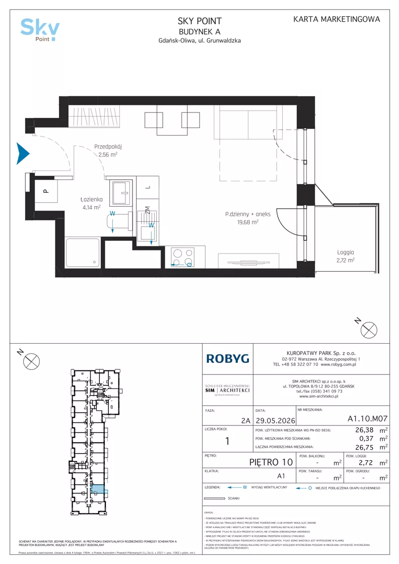 1 pokój, apartament inwestycyjny 26,38 m², piętro 10, oferta nr A1.10M07, Sky Point - Apartamenty Inwestycyjne, Gdańsk, Oliwa, Zaspa-Rozstaje, al. Grunwaldzka