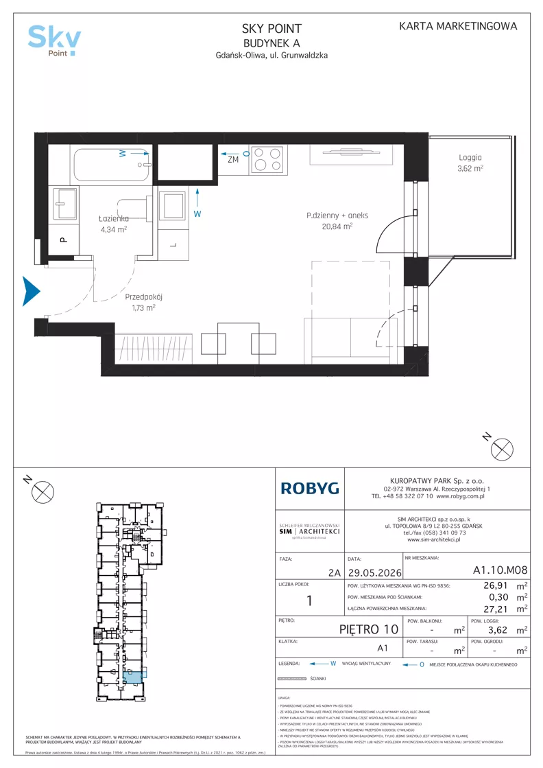 1 pokój, apartament inwestycyjny 26,91 m², piętro 10, oferta nr A1.10M08, Sky Point - Apartamenty Inwestycyjne, Gdańsk, Oliwa, Zaspa-Rozstaje, al. Grunwaldzka