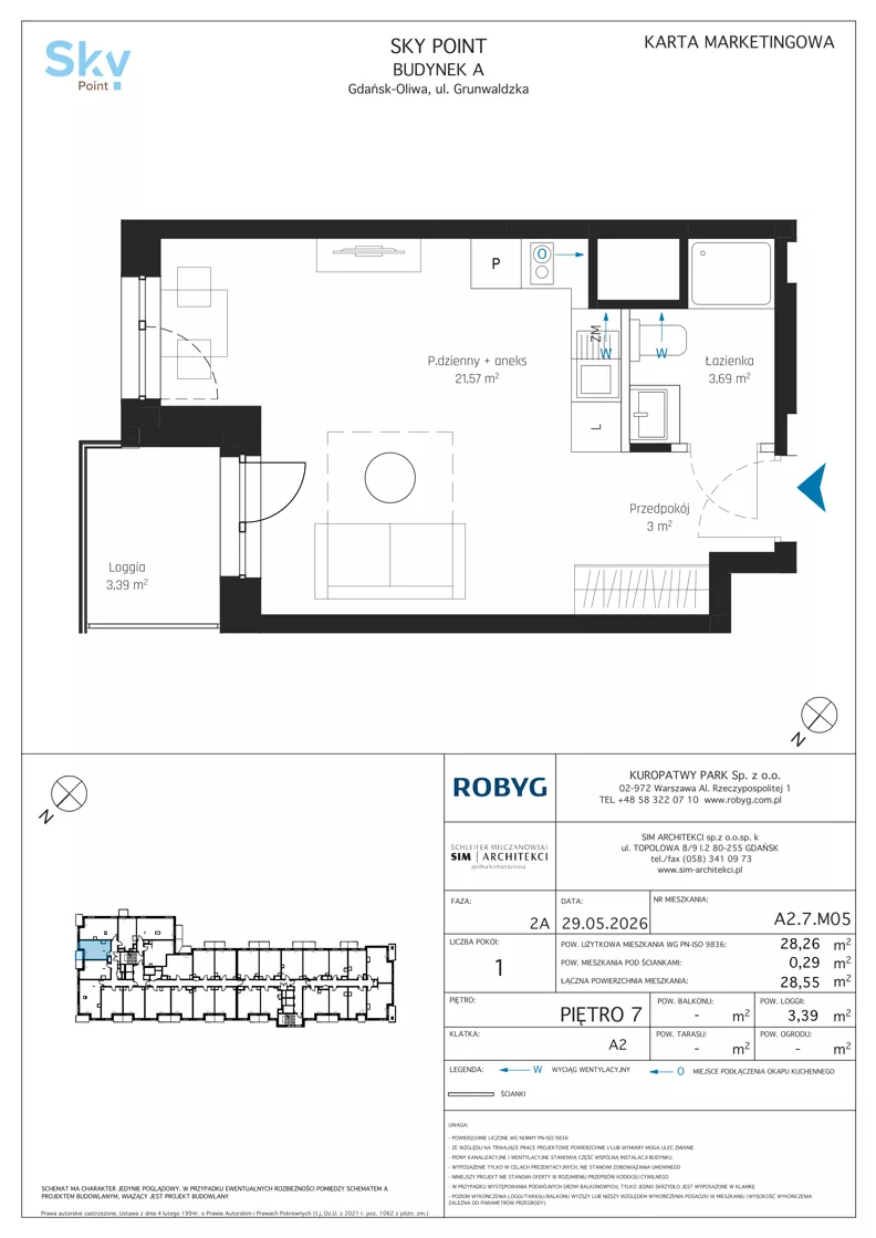 1 pokój, apartament inwestycyjny 28,26 m², piętro 7, oferta nr A2.7M05, Sky Point - Apartamenty Inwestycyjne, Gdańsk, Oliwa, Zaspa-Rozstaje, al. Grunwaldzka