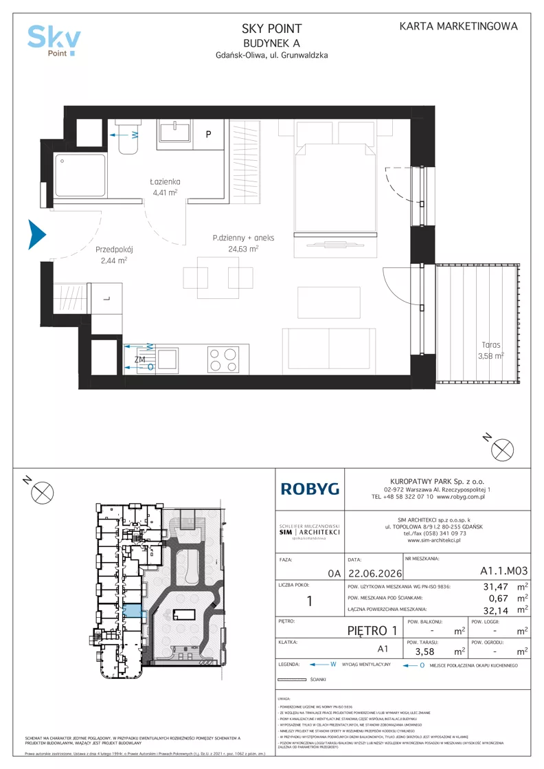 1 pokój, apartament inwestycyjny 31,47 m², piętro 1, oferta nr A1.1M03, Sky Point - Apartamenty Inwestycyjne, Gdańsk, Oliwa, Zaspa-Rozstaje, al. Grunwaldzka