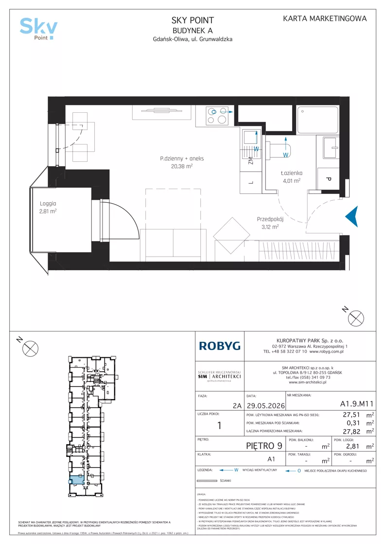 1 pokój, apartament inwestycyjny 27,51 m², piętro 9, oferta nr A1.9M11, Sky Point - Apartamenty Inwestycyjne, Gdańsk, Oliwa, Zaspa-Rozstaje, al. Grunwaldzka