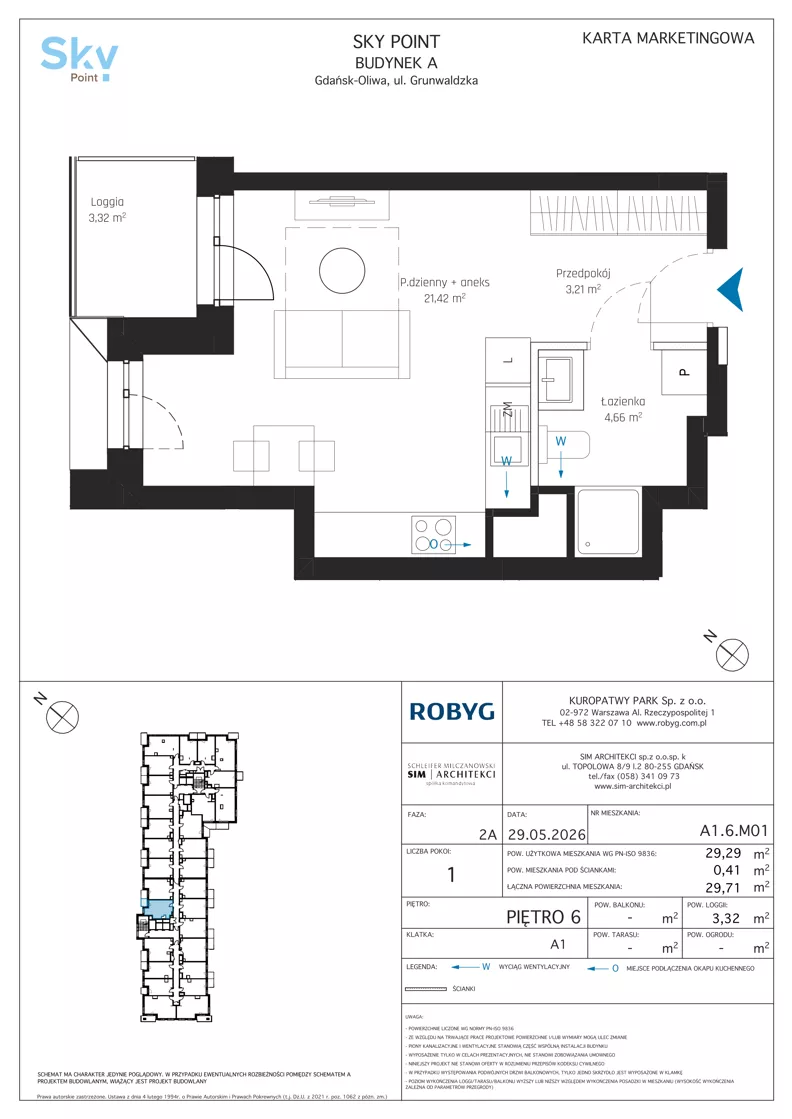1 pokój, apartament inwestycyjny 29,29 m², piętro 6, oferta nr A1.6M01, Sky Point - Apartamenty Inwestycyjne, Gdańsk, Oliwa, Zaspa-Rozstaje, al. Grunwaldzka