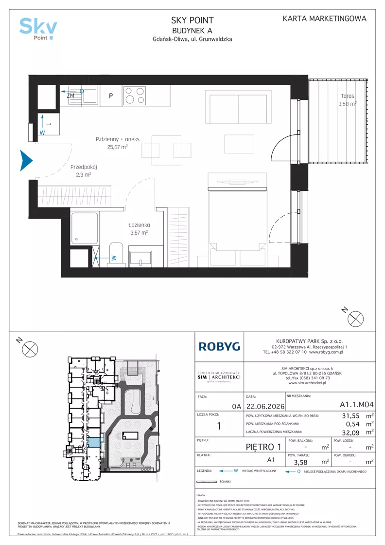 1 pokój, apartament inwestycyjny 31,55 m², piętro 1, oferta nr A1.1M04, Sky Point - Apartamenty Inwestycyjne, Gdańsk, Oliwa, Zaspa-Rozstaje, al. Grunwaldzka