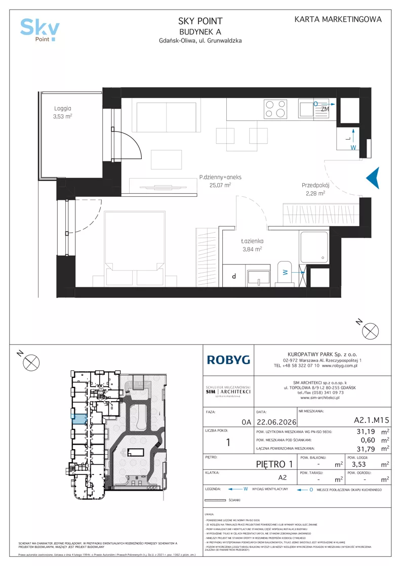 1 pokój, apartament inwestycyjny 31,19 m², piętro 1, oferta nr A2.1M15, Sky Point - Apartamenty Inwestycyjne, Gdańsk, Oliwa, Zaspa-Rozstaje, al. Grunwaldzka