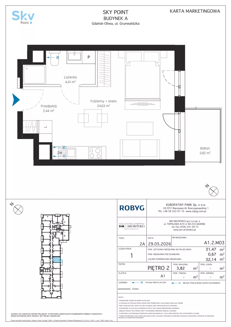 1 pokój, apartament inwestycyjny 31,47 m², piętro 2, oferta nr A1.2M03, Sky Point - Apartamenty Inwestycyjne, Gdańsk, Oliwa, Zaspa-Rozstaje, al. Grunwaldzka