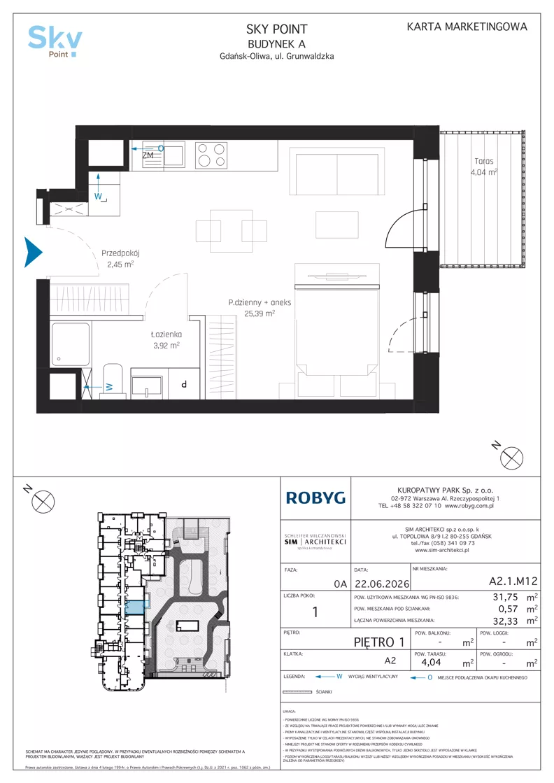 1 pokój, apartament inwestycyjny 31,75 m², piętro 1, oferta nr A2.1M12, Sky Point - Apartamenty Inwestycyjne, Gdańsk, Oliwa, Zaspa-Rozstaje, al. Grunwaldzka