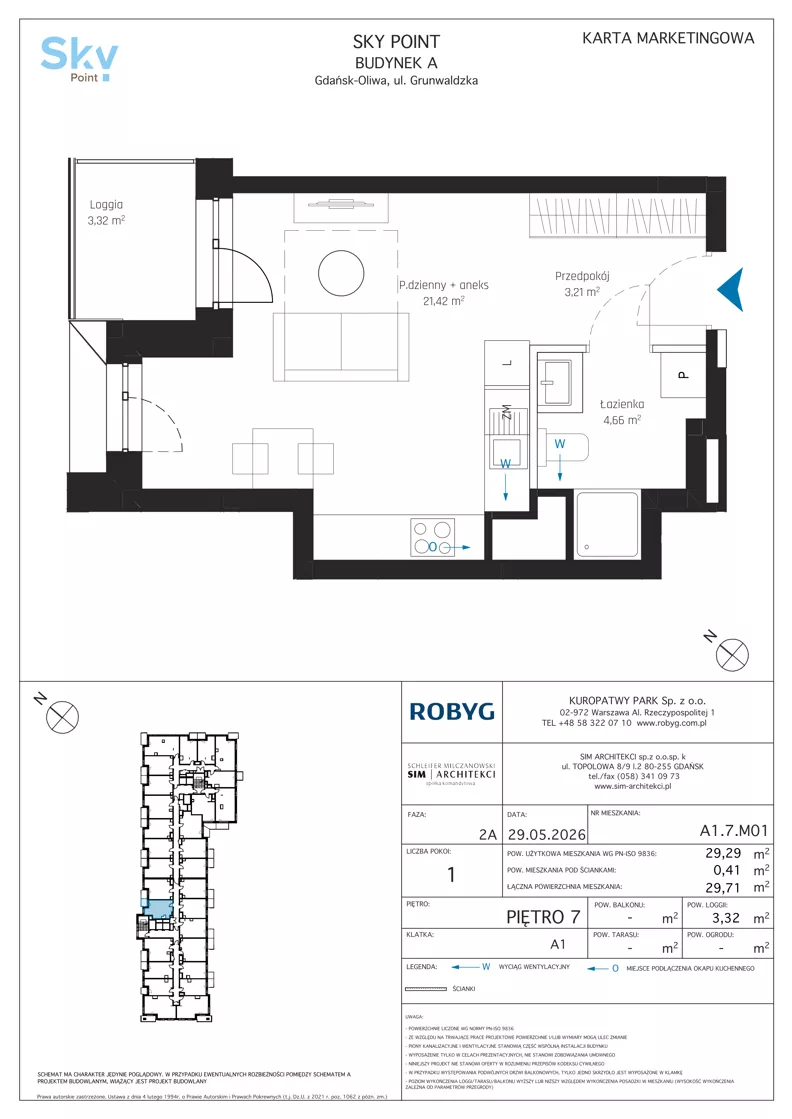 1 pokój, apartament inwestycyjny 29,29 m², piętro 7, oferta nr A1.7M01, Sky Point - Apartamenty Inwestycyjne, Gdańsk, Oliwa, Zaspa-Rozstaje, al. Grunwaldzka
