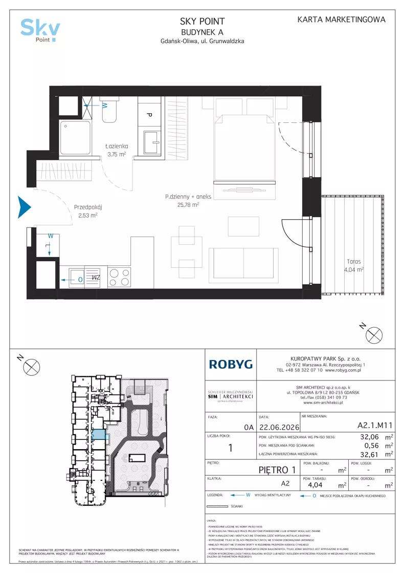 1 pokój, apartament inwestycyjny 32,06 m², piętro 1, oferta nr A2.1M11, Sky Point - Apartamenty Inwestycyjne, Gdańsk, Oliwa, Zaspa-Rozstaje, al. Grunwaldzka