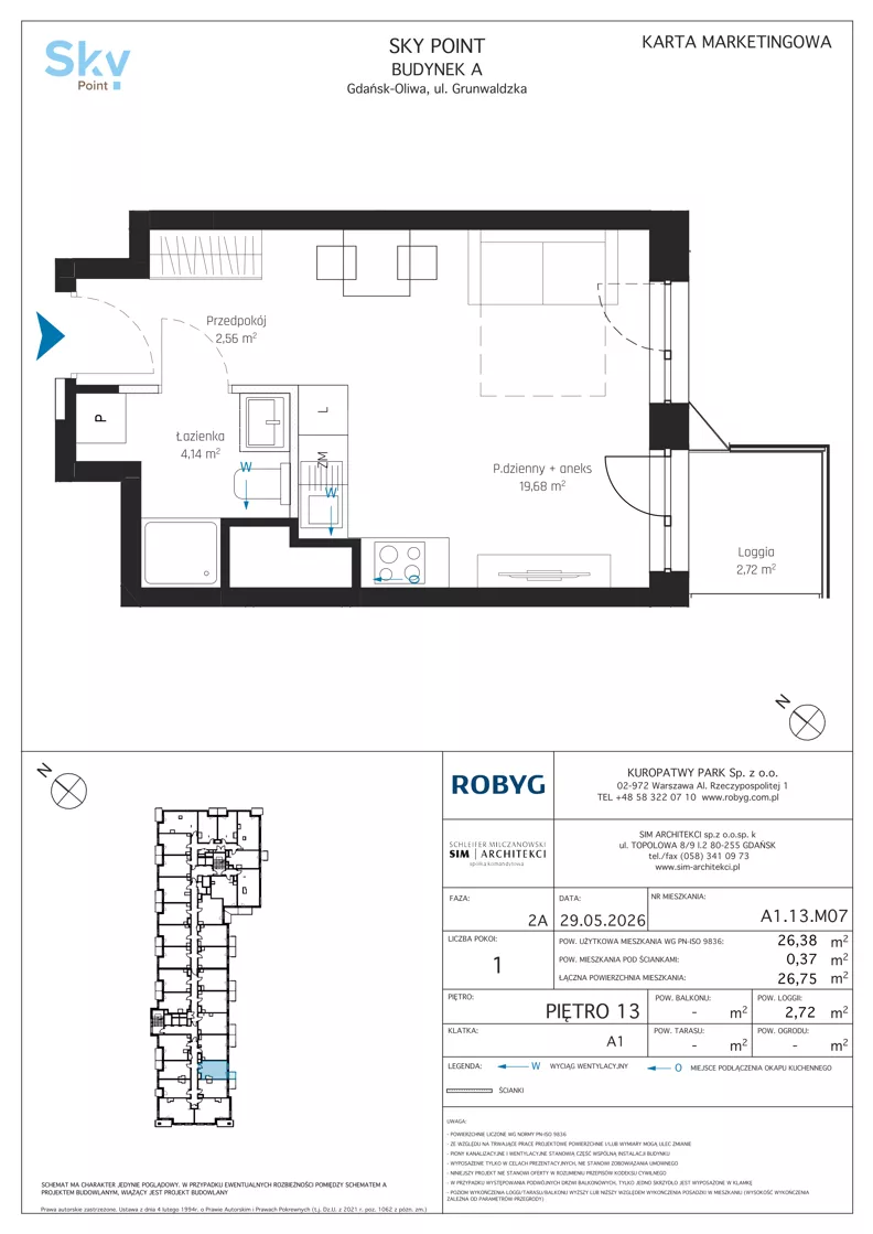 1 pokój, apartament inwestycyjny 26,38 m², piętro 13, oferta nr A1.13M07, Sky Point - Apartamenty Inwestycyjne, Gdańsk, Oliwa, Zaspa-Rozstaje, al. Grunwaldzka