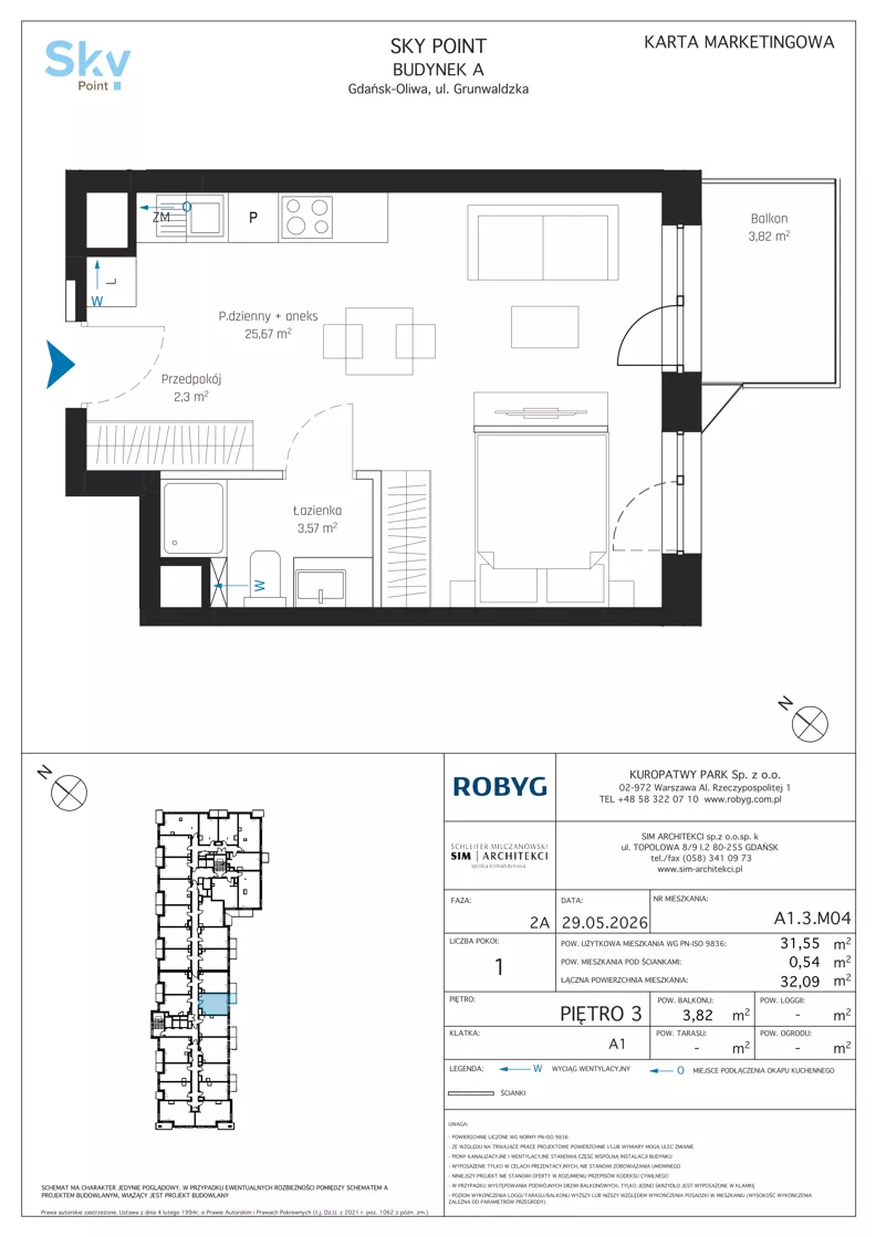 1 pokój, apartament inwestycyjny 31,55 m², piętro 3, oferta nr A1.3M04, Sky Point - Apartamenty Inwestycyjne, Gdańsk, Oliwa, Zaspa-Rozstaje, al. Grunwaldzka