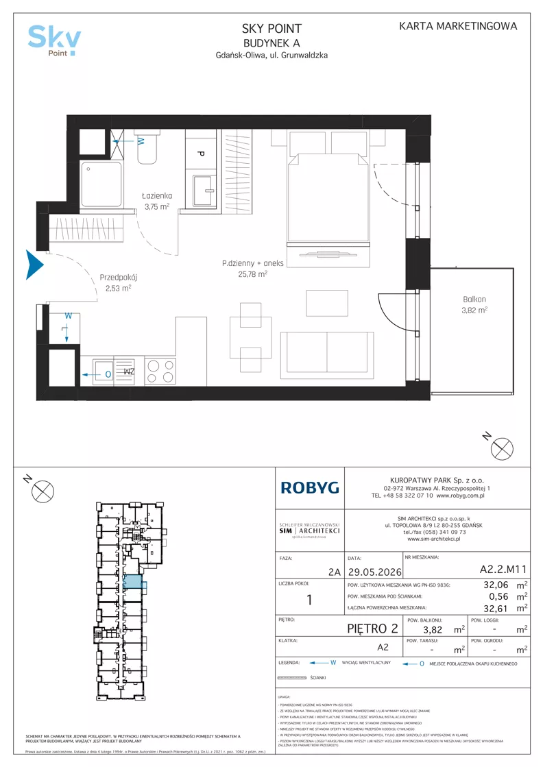1 pokój, apartament inwestycyjny 32,06 m², piętro 2, oferta nr A2.2M11, Sky Point - Apartamenty Inwestycyjne, Gdańsk, Oliwa, Zaspa-Rozstaje, al. Grunwaldzka