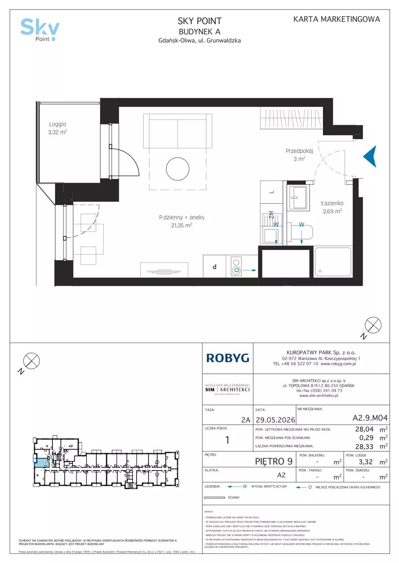 1 pokój, apartament inwestycyjny 28,04 m², piętro 9, oferta nr A2.9M04, Sky Point - Apartamenty Inwestycyjne, Gdańsk, Oliwa, Zaspa-Rozstaje, al. Grunwaldzka