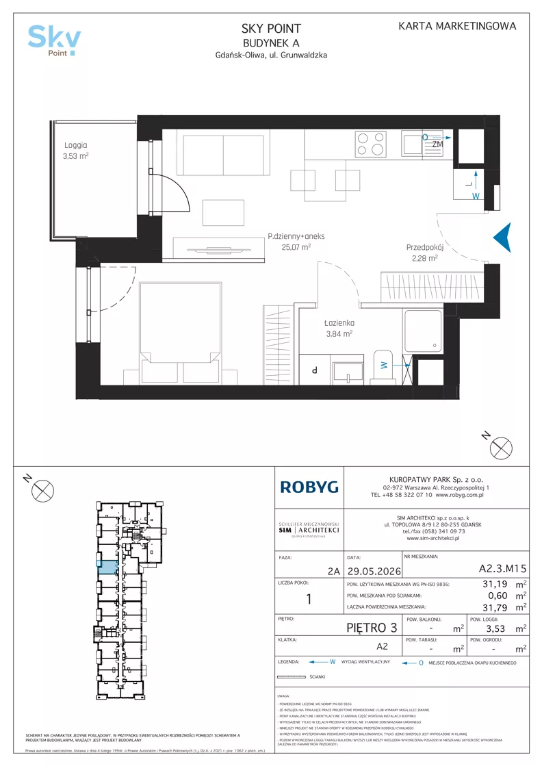 1 pokój, apartament inwestycyjny 31,19 m², piętro 3, oferta nr A2.3M15, Sky Point - Apartamenty Inwestycyjne, Gdańsk, Oliwa, Zaspa-Rozstaje, al. Grunwaldzka