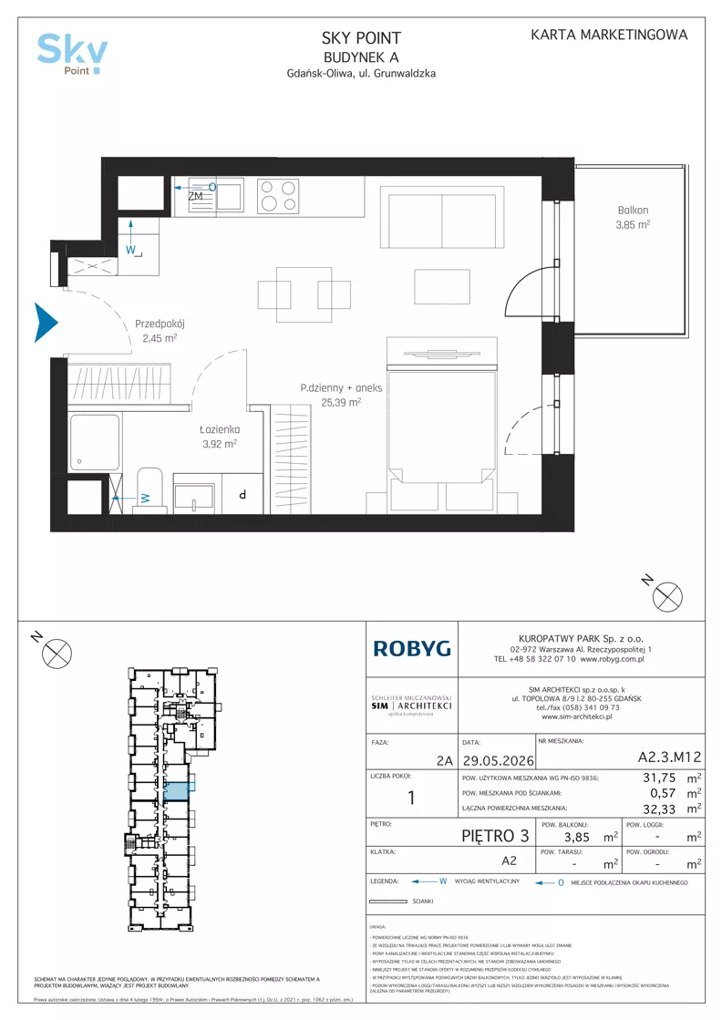 1 pokój, apartament inwestycyjny 31,75 m², piętro 3, oferta nr A2.3M12, Sky Point - Apartamenty Inwestycyjne, Gdańsk, Oliwa, Zaspa-Rozstaje, al. Grunwaldzka