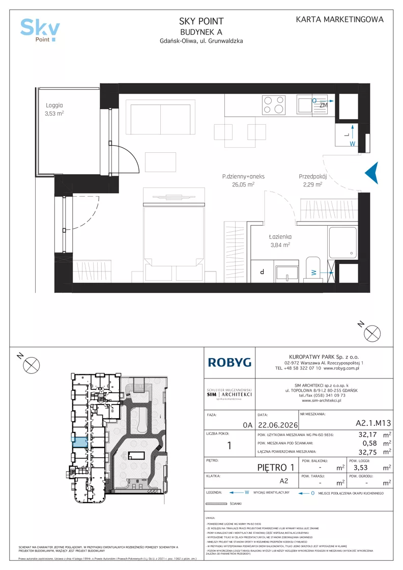 1 pokój, apartament inwestycyjny 32,17 m², piętro 1, oferta nr A2.1M13, Sky Point - Apartamenty Inwestycyjne, Gdańsk, Oliwa, Zaspa-Rozstaje, al. Grunwaldzka
