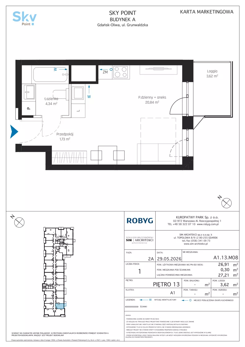 1 pokój, apartament inwestycyjny 26,91 m², piętro 13, oferta nr A1.13M08, Sky Point - Apartamenty Inwestycyjne, Gdańsk, Oliwa, Zaspa-Rozstaje, al. Grunwaldzka