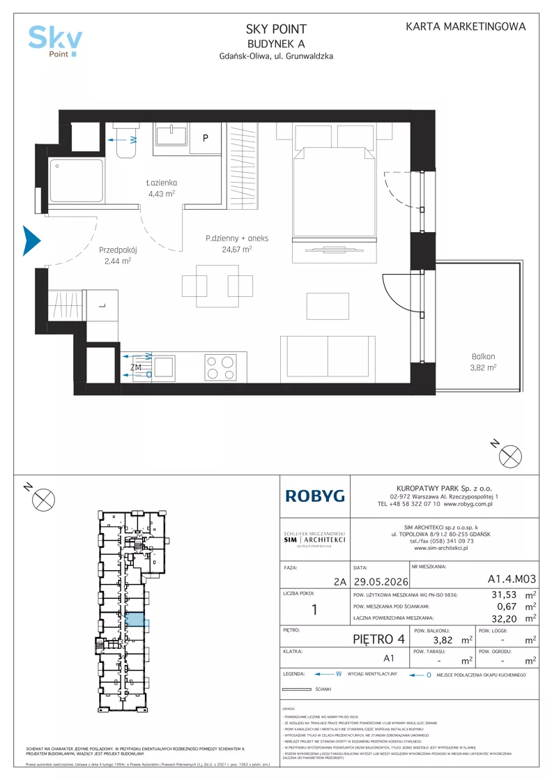 1 pokój, apartament inwestycyjny 31,53 m², piętro 4, oferta nr A1.4M03, Sky Point - Apartamenty Inwestycyjne, Gdańsk, Oliwa, Zaspa-Rozstaje, al. Grunwaldzka