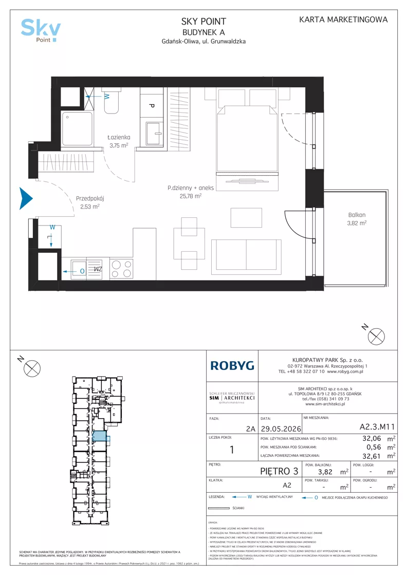 1 pokój, apartament inwestycyjny 32,06 m², piętro 3, oferta nr A2.3M11, Sky Point - Apartamenty Inwestycyjne, Gdańsk, Oliwa, Zaspa-Rozstaje, al. Grunwaldzka
