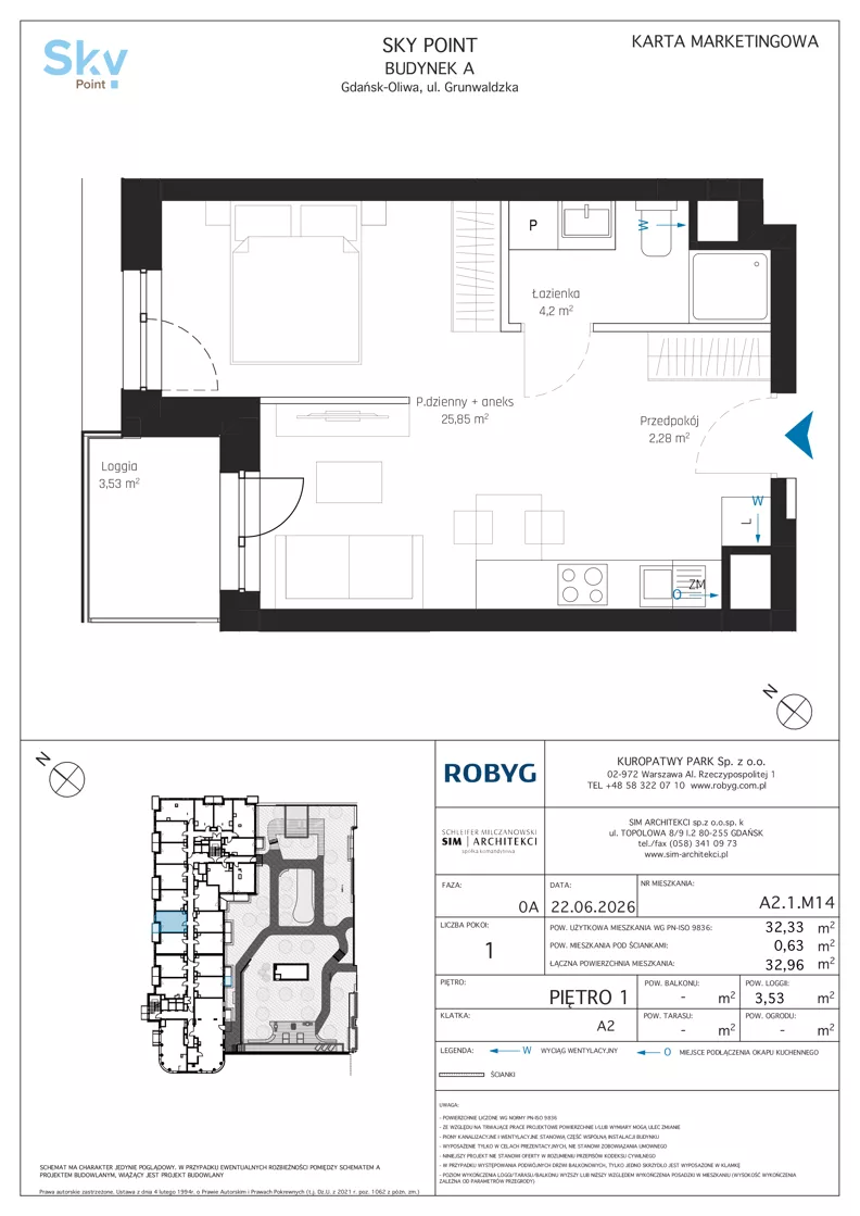 1 pokój, apartament inwestycyjny 32,33 m², piętro 1, oferta nr A2.1M14, Sky Point - Apartamenty Inwestycyjne, Gdańsk, Oliwa, Zaspa-Rozstaje, al. Grunwaldzka