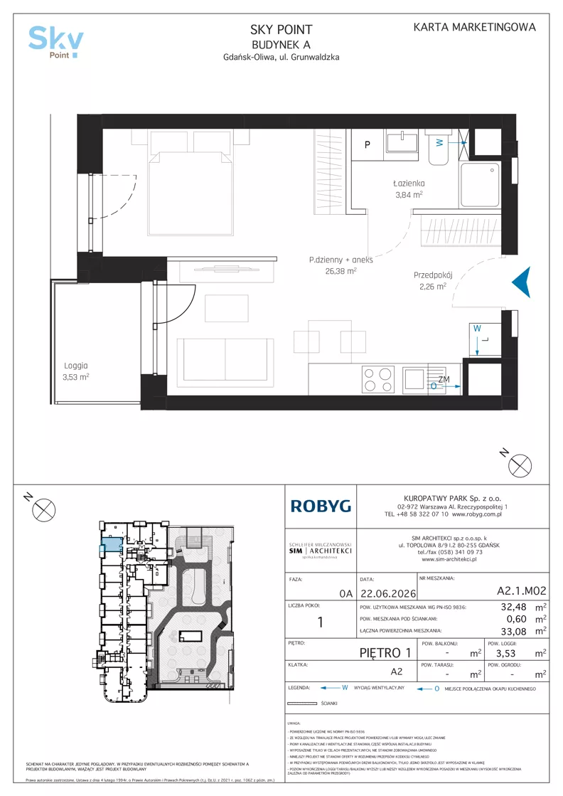 1 pokój, apartament inwestycyjny 32,48 m², piętro 1, oferta nr A2.1M02, Sky Point - Apartamenty Inwestycyjne, Gdańsk, Oliwa, Zaspa-Rozstaje, al. Grunwaldzka