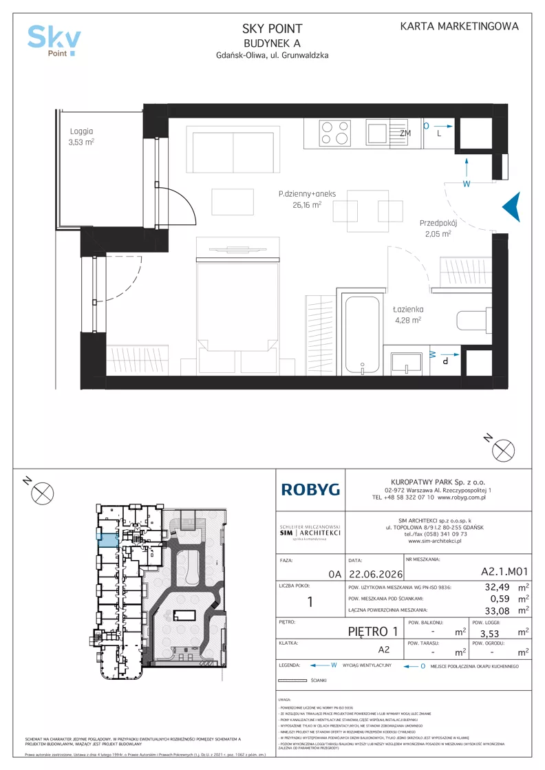 1 pokój, apartament inwestycyjny 32,49 m², piętro 1, oferta nr A2.1M01, Sky Point - Apartamenty Inwestycyjne, Gdańsk, Oliwa, Zaspa-Rozstaje, al. Grunwaldzka