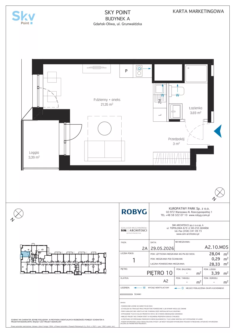 1 pokój, apartament inwestycyjny 28,04 m², piętro 10, oferta nr A2.10M05, Sky Point - Apartamenty Inwestycyjne, Gdańsk, Oliwa, Zaspa-Rozstaje, al. Grunwaldzka