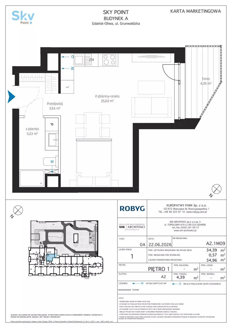 1 pokój, apartament inwestycyjny 34,39 m², piętro 1, oferta nr A2.1M09, Sky Point - Apartamenty Inwestycyjne, Gdańsk, Oliwa, Zaspa-Rozstaje, al. Grunwaldzka