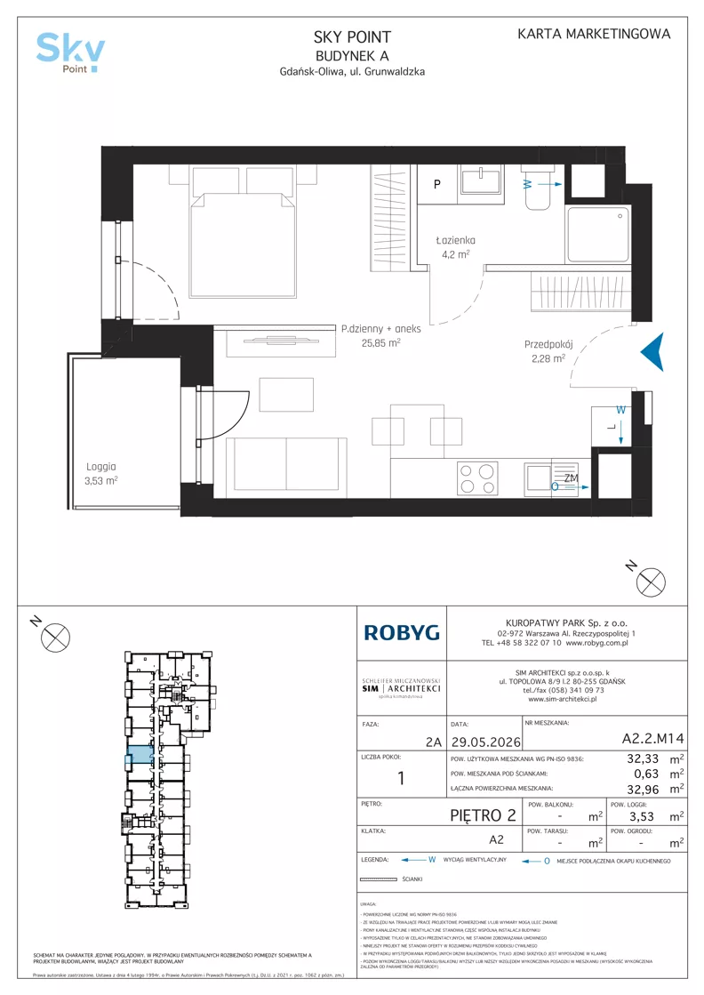 1 pokój, apartament inwestycyjny 32,33 m², piętro 2, oferta nr A2.2M14, Sky Point - Apartamenty Inwestycyjne, Gdańsk, Oliwa, Zaspa-Rozstaje, al. Grunwaldzka