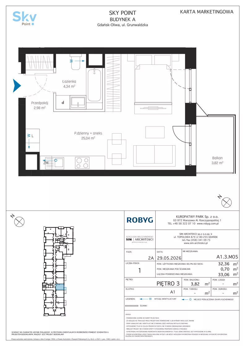 1 pokój, apartament inwestycyjny 32,36 m², piętro 3, oferta nr A1.3M05, Sky Point - Apartamenty Inwestycyjne, Gdańsk, Oliwa, Zaspa-Rozstaje, al. Grunwaldzka