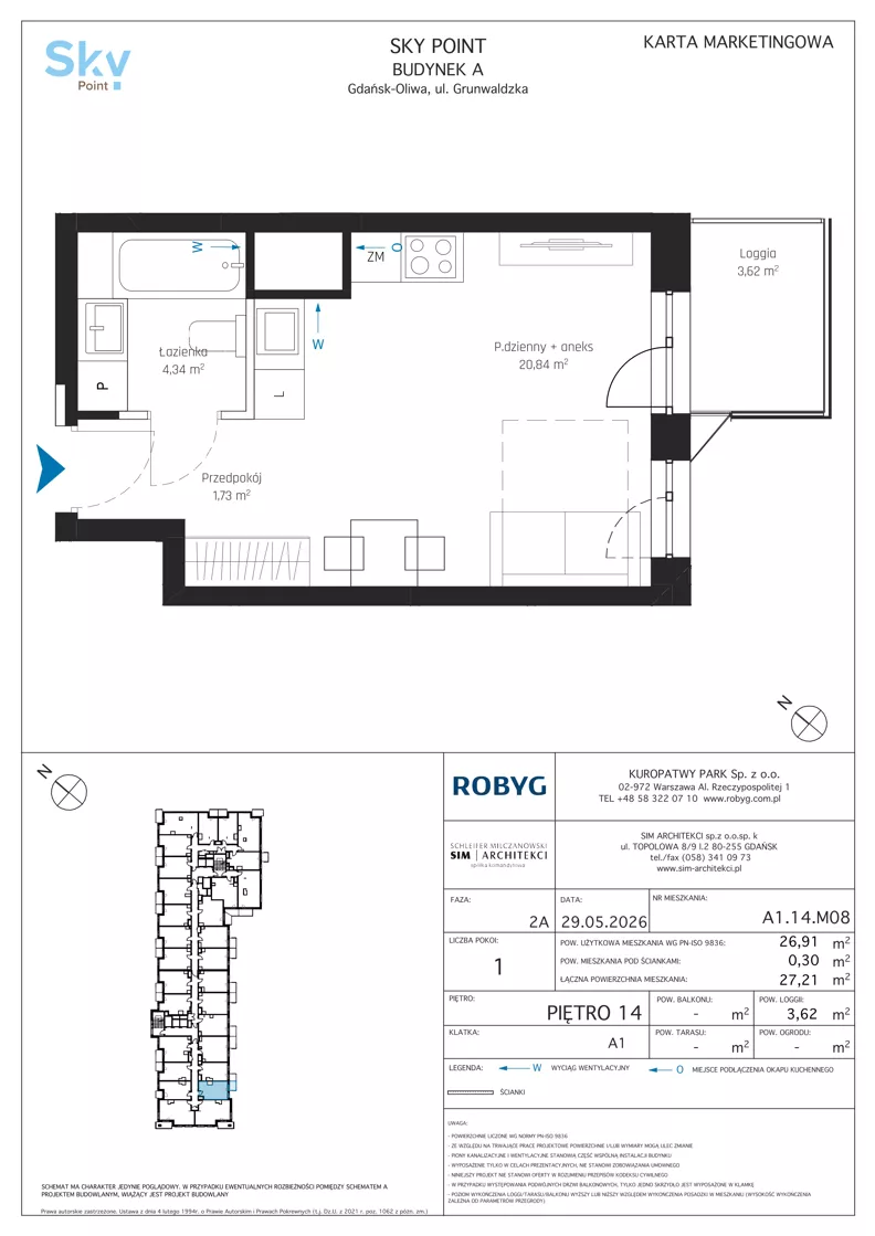 1 pokój, apartament inwestycyjny 26,91 m², piętro 14, oferta nr A1.14M08, Sky Point - Apartamenty Inwestycyjne, Gdańsk, Oliwa, Zaspa-Rozstaje, al. Grunwaldzka