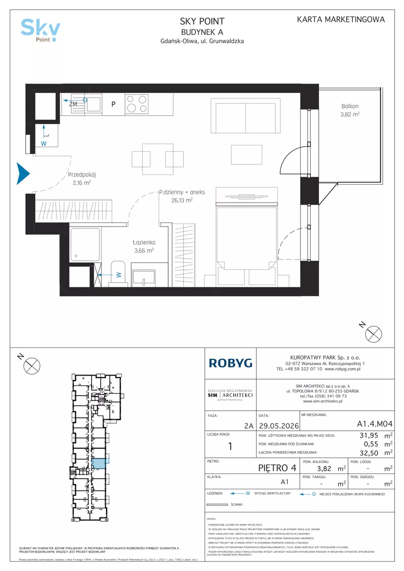 1 pokój, apartament inwestycyjny 31,95 m², piętro 4, oferta nr A1.4M04, Sky Point - Apartamenty Inwestycyjne, Gdańsk, Oliwa, Zaspa-Rozstaje, al. Grunwaldzka
