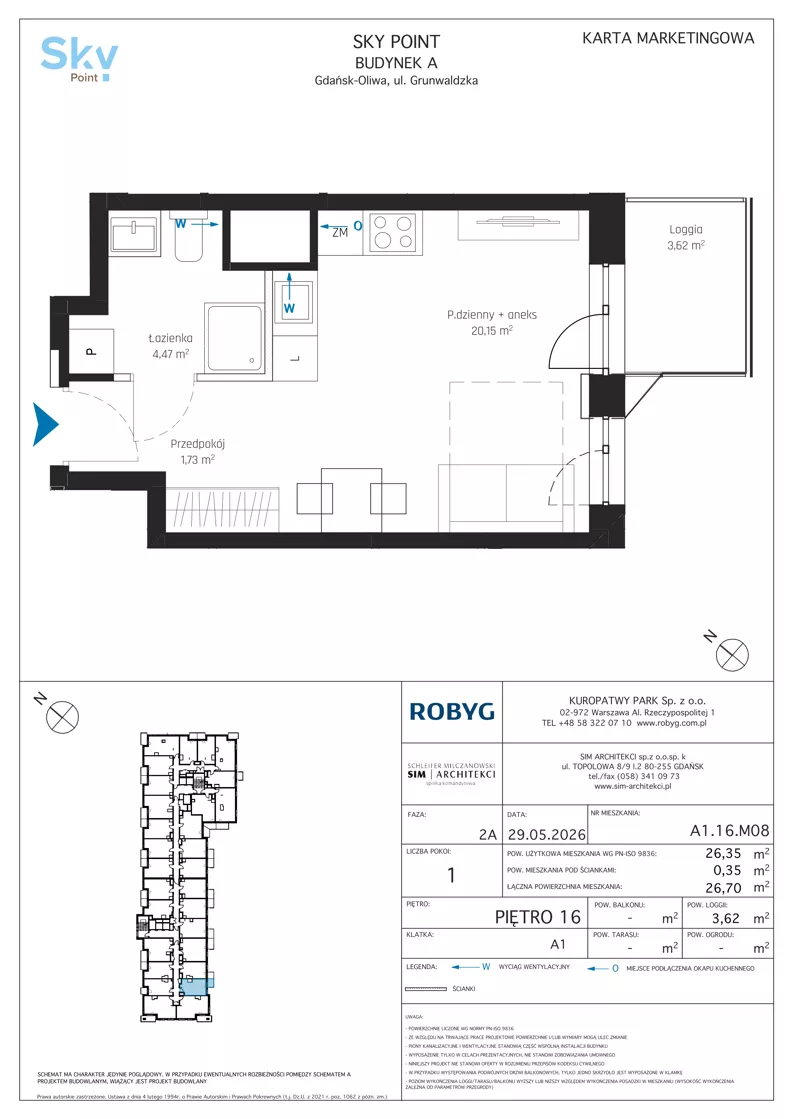 1 pokój, apartament inwestycyjny 26,35 m², piętro 16, oferta nr A1.16M08, Sky Point - Apartamenty Inwestycyjne, Gdańsk, Oliwa, Zaspa-Rozstaje, al. Grunwaldzka