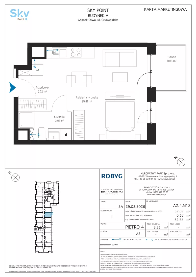 1 pokój, apartament inwestycyjny 32,09 m², piętro 4, oferta nr A2.4M12, Sky Point - Apartamenty Inwestycyjne, Gdańsk, Oliwa, Zaspa-Rozstaje, al. Grunwaldzka