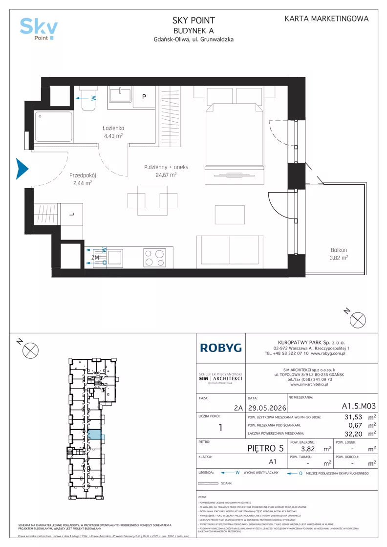 1 pokój, apartament inwestycyjny 31,53 m², piętro 5, oferta nr A1.5M03, Sky Point - Apartamenty Inwestycyjne, Gdańsk, Oliwa, Zaspa-Rozstaje, al. Grunwaldzka
