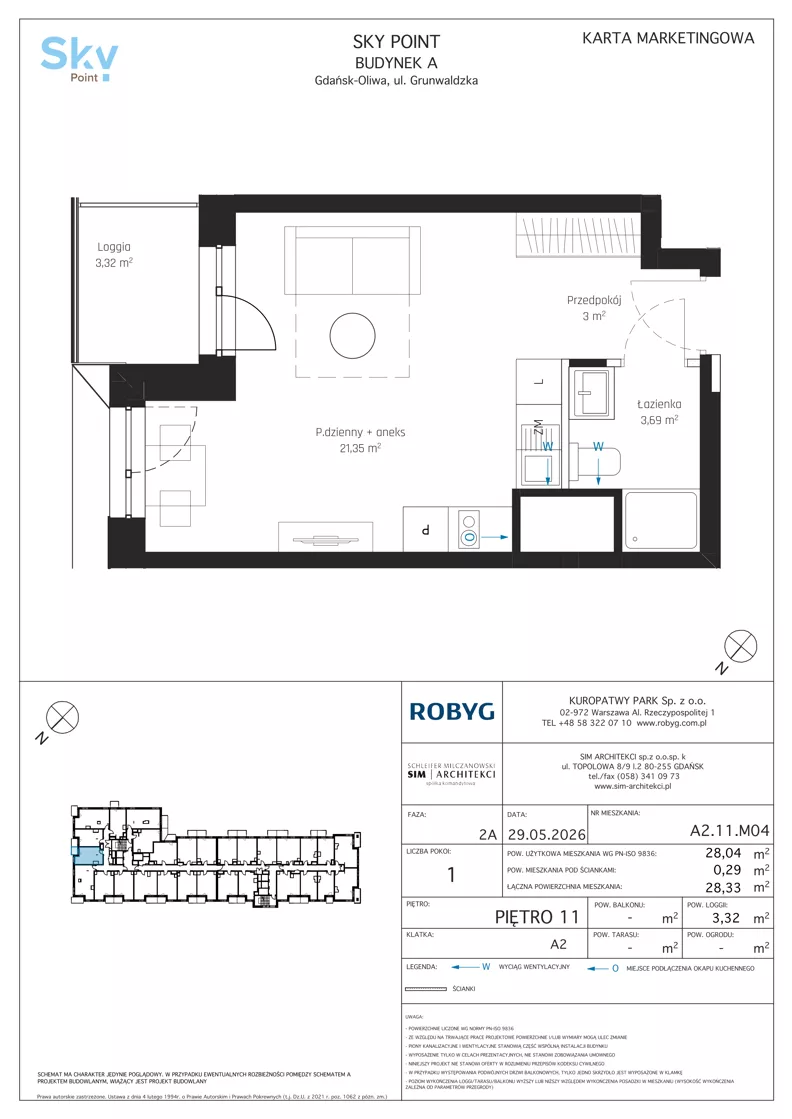 1 pokój, apartament inwestycyjny 28,04 m², piętro 11, oferta nr A2.11M04, Sky Point - Apartamenty Inwestycyjne, Gdańsk, Oliwa, Zaspa-Rozstaje, al. Grunwaldzka